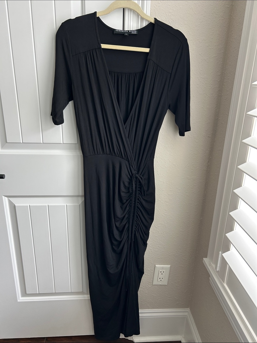 Veronica Beard Mariposa Black Ruched Midi Jersey Dress Short Sleeves Sz S